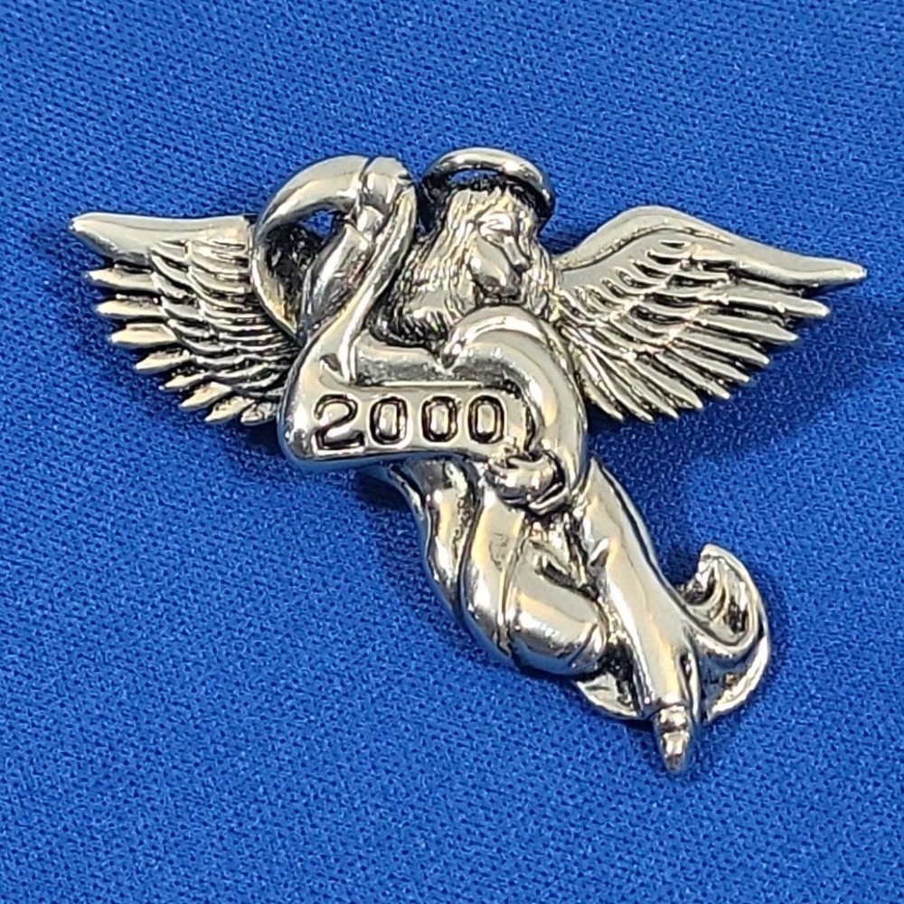 ANGEL 2000 BROOCH Pin Silver Tone Signed HOL 99 Heaven Religious Wings Halo Girl